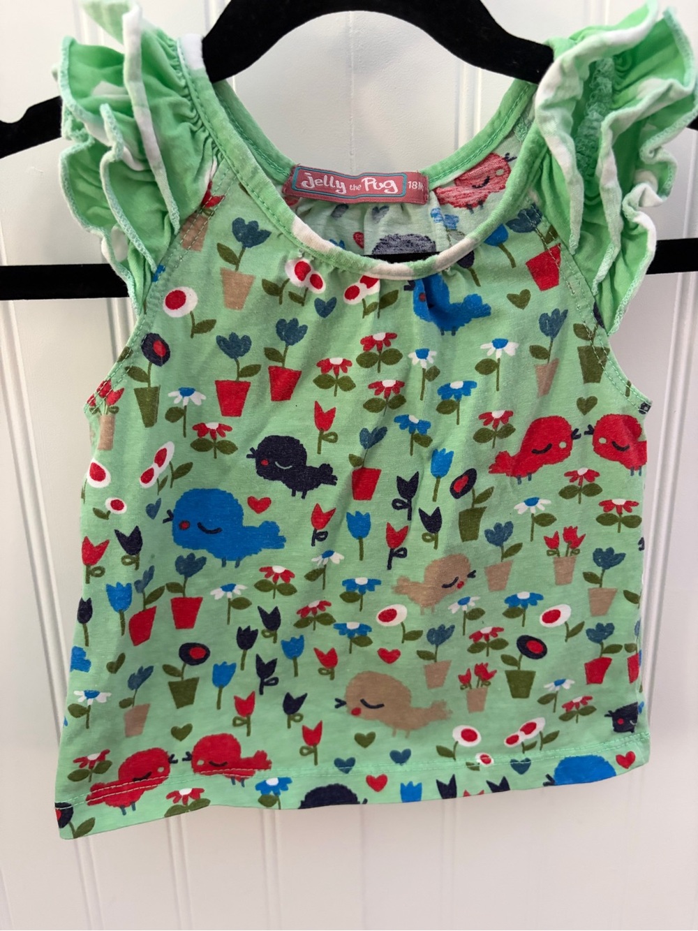 Jelly The Pug Green Floral & Bird Ruffle Sleeve Tank Top